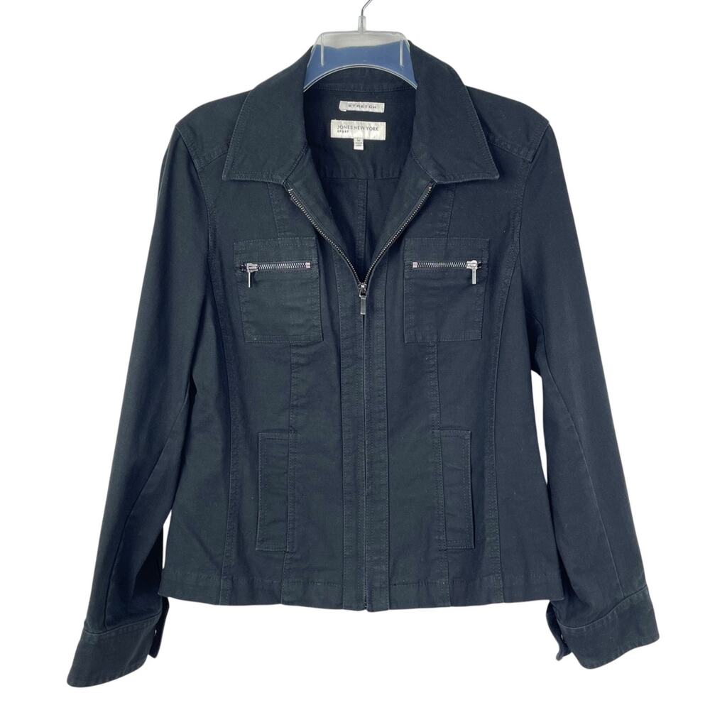 Jones New York Sport Stretch Women's M Black Denim Moto Full Zip Jacket Cotton